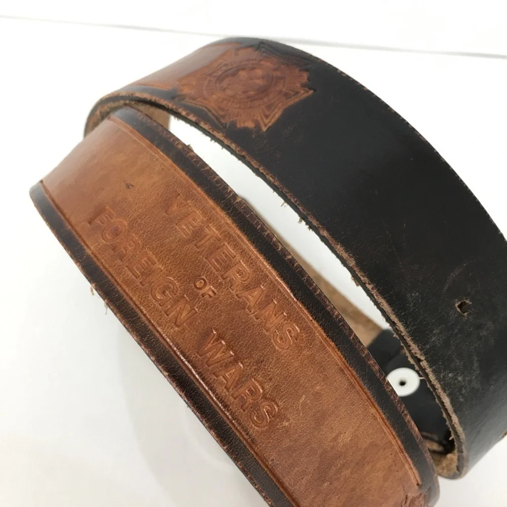 Vintage Mens Veterans of Foreign Wars Brown Leather Belt Military Service USA